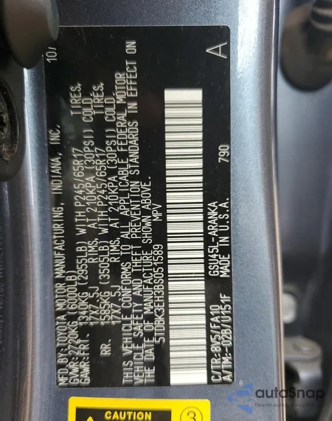 2011 Toyota Highlander Base z USA, uszkodzony, nr VIN 5TDBK3EH3BS051589